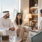 Cross-cultural couple speaking with a clinical psychologist during a couples therapy session in Dubai.